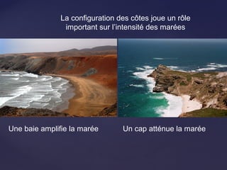 La configuration des côtes joue un rôle
important sur l’intensité des marées
Une baie amplifie la marée Un cap atténue la marée
 