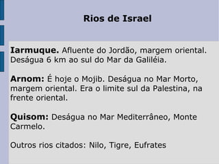 Rios de Israel
Iarmuque. Afluente do Jordão, margem oriental. 
Deságua 6 km ao sul do Mar da Galiléia.
Arnom: É hoje o Mojib. Deságua no Mar Morto, 
margem oriental. Era o limite sul da Palestina, na 
frente oriental.
 
Quisom: Deságua no Mar Mediterrâneo, Monte 
Carmelo.
Outros rios citados: Nilo, Tigre, Eufrates
 