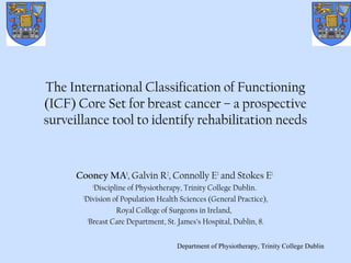 The International Classification of Functioning
(ICF) Core Set for breast cancer – a prospective
surveillance tool to identify rehabilitation needs
Cooney MA1
, Galvin R2
, Connolly E3
and Stokes E1
1
Discipline of Physiotherapy, Trinity College Dublin.
2
Division of Population Health Sciences (General Practice),
Royal College of Surgeons in Ireland,
3
Breast Care Department, St. James’s Hospital, Dublin, 8.
Department of Physiotherapy, Trinity College Dublin
 