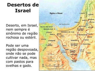 Desertos de
Israel
Deserto, em Israel,
nem sempre é
sinônimo de região
rochosa ou estéril.
Pode ser uma
região despovoada,
onde não se pode
cultivar nada, mas
com pastos para
ovelhas e gado.
 