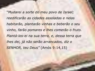 “Mudarei a sorte do meu povo de Israel;
reedificarão as cidades assoladas e nelas
habitarão, plantarão vinhas e beberão o seu
vinho, farão pomares e lhes comerão o fruto.
Plantá-los-ei na sua terra, e, dessa terra que
lhes dei, já não serão arrancados, diz o
SENHOR, teu Deus” (Amós 9:14,15)
 