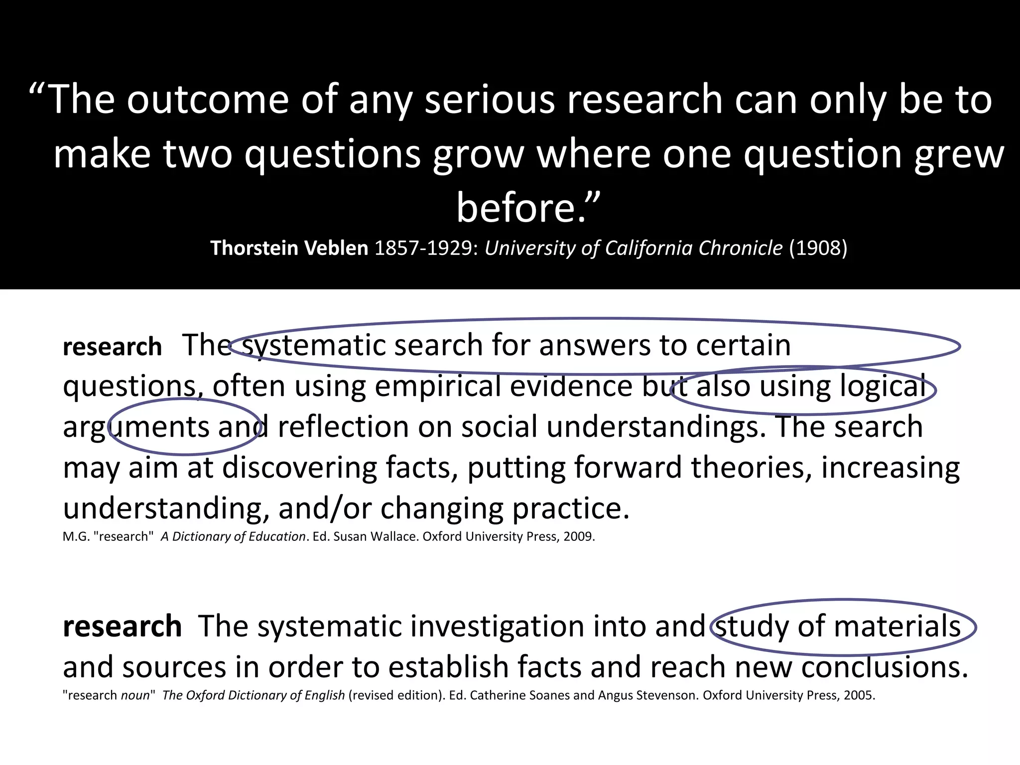“The outcome of any serious research can only be to
 make two questions grow where one question grew
                      before.”
                          Thorstein Veblen 1857-1929: University of California Chronicle (1908)



 research The systematic search for answers to certain
 questions, often using empirical evidence but also using logical
 arguments and reflection on social understandings. The search
 may aim at discovering facts, putting forward theories, increasing
 understanding, and/or changing practice.
 M.G. "research" A Dictionary of Education. Ed. Susan Wallace. Oxford University Press, 2009.




 research The systematic investigation into and study of materials
 and sources in order to establish facts and reach new conclusions.
 "research noun" The Oxford Dictionary of English (revised edition). Ed. Catherine Soanes and Angus Stevenson. Oxford University Press, 2005.
 