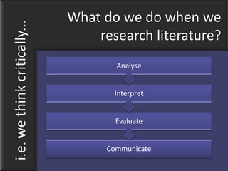 i.e. we think critically...   What do we do when we
                                  research literature?
                                      Analyse


                                     Interpret


                                      Evaluate


                                    Communicate
 