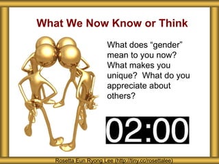 What We Now Know or Think
What does “gender”
mean to you now?
What makes you
unique? What do you
appreciate about
others?
Rosetta Eun Ryong Lee (http://tiny.cc/rosettalee)
 