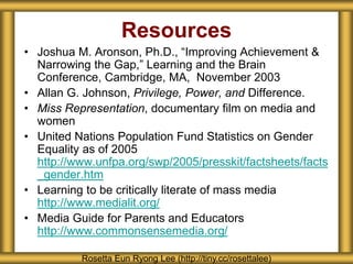 Resources
• Joshua M. Aronson, Ph.D., “Improving Achievement &
Narrowing the Gap,” Learning and the Brain
Conference, Cambridge, MA, November 2003
• Allan G. Johnson, Privilege, Power, and Difference.
• Miss Representation, documentary film on media and
women
• United Nations Population Fund Statistics on Gender
Equality as of 2005
http://www.unfpa.org/swp/2005/presskit/factsheets/facts
_gender.htm
• Learning to be critically literate of mass media
http://www.medialit.org/
• Media Guide for Parents and Educators
http://www.commonsensemedia.org/
Rosetta Eun Ryong Lee (http://tiny.cc/rosettalee)
 