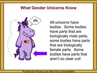 What Gender Unicorns Know
Rosetta Eun Ryong Lee (http://tiny.cc/rosettalee)
All unicorns have
bodies. Some bodies
have parts that are
biologically male parts,
some bodies have parts
that are biologically
female parts. Some
bodies have parts that
aren’t so clear cut!
 