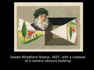 Joseph Nicephore Niepce, 1827, with a cutaway of a camera obscura building 