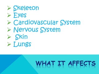  Skeleton
 Eyes
 Cardiovascular System
 Nervous System
 Skin
 Lungs
 