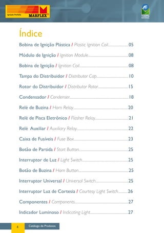 Índice
    Bobina de Ignição Plástica / Plastic Ignition Coil.........................05

    Módulo de Ignição / Ignition Module.................................................08

    Bobina de Ignição / Ignition Coil............................................................08

    Tampa do Distribuidor / Distributor Cap.......................................10

    Rotor do Distribuidor / Distributor Rotor.....................................15

    Condensador / Condenser........................................................................18

    Relé de Buzina / Horn Relay...................................................................20

    Relé de Pisca Eletrônico / Flasher Relay.........................................21

    Relé Auxiliar / Auxiliary Relay...............................................................22

    Caixa de Fusíveis / Fuse Box..................................................................23

    Botão de Partida / Start Button............................................................25

    Interruptor de Luz / Light Switch........................................................25

    Botão de Buzina / Horn Button.............................................................25

    Interruptor Universal / Universal Switch........................................25

    Interruptor Luz de Cortesia / Courtesy Light Switch............26

    Componentes / Components.................................................................27

    Indicador Luminoso / Indicating Light..............................................27

4           Catálogo de Produtos
 