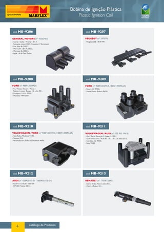 Bobina de Ignição Plástica
                                                  Plastic Ignition Coil


cód. MB-9206                                         cód. MB-9207

General MotorS (nº 93363483)                         PeUgeot (nº 597079)
- Corsa / Celta / Prisma 1.0/1.4                     - Peugeot 206 1.4 8V 99/.
  Somente motor VHC (Conector 3 Terminais);
- Fiat Stilo 8v 2002/...
- Meriva 8v 1.8/1.4 2002/...
- Montana 8v 2003/...
- Agile 1.4 8v Flex, Todos.




cód. MB-9208                                          cód. MB-9209

FORD (nº 988F12029AD)                                FORD (nº 928F12D29CA / 885F12029A2A)
- Ka / Fiesta / Escort / Focus /                     - Escort 1.8 97/02;
 Todos c/ motor Rocam 1.0 a 1.6 99/...               - Fiesta Motor Endura 96/99.
- Ecosport 1.0/1.6 2003/...
- Mondeo 1997/2001.




 cód. MB-9210                                        cód. MB-9211

VOLKSWAGEN /FORD (nº 928F12D29CA / 885F12029A2A)     Volkswagen /AUDI (nº 032 905 106 B)
- Gol, Todos Modelos 94/95;                          - Gol / Parati Geração 3 Power 1.0 99/...
- Santana 2.0i;                                      - Golf / Polo / Fox / Audi A3 1.0 / 1.6 / 2.0 2002/2012;
- Verona/Escort, Todos os Modelos 94/95.             - Cordoba 1.6 99/05;
                                                     - Ibiza 99/05.




cód. MB-9212                                          cód. MB-9213

AUDI (nº 058905105-01 / 06B905115E-01)               RENAULT (nº 7700875000)
- Audi A3 1.8 Turbo 150/180                          - Scenic Todos Mod. 1.6/2.0 01/...
  HP 20V, Todos 2001/...                             - Clio 1.6 Todos 01/...




     6              Catálogo de Produtos
 