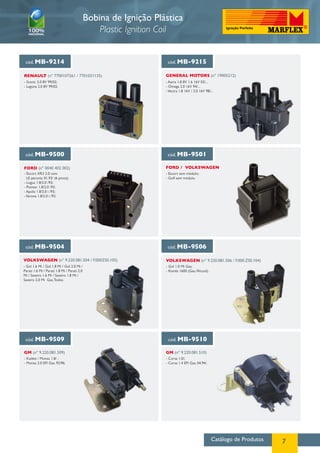 Bobina de Ignição Plástica
                                                 Plastic Ignition Coil


 cód. MB-9214                                                      cód. MB-9215

RENAULT (nº 7700107261 / 7701031135)                              General Motors (nº 19005212)
- Scenic 2.0 8V 99/02;                                            - Astra 1.8 8V 1.6 16V 03/...
- Laguna 2.0 8V 99/02.                                            - Omega 2.0 16V 94/...
                                                                  - Vectra 1.8 16V / 2.0 16V 98/...




 cód. MB-9500                                                      cód. MB-9501

FORD (nº 0040 402 002)                                            FORD / Volkswagen
- Escort XR3 2.0 com                                              - Escort sem módulo;
  LE-jetronic 01.93/ (6 pinos);                                   - Golf sem módulo.
- Logus 1.8/2.0 /93;
- Pointer 1.8/2.0 /93;
- Apolo 1.8/2.0 i /93;
- Verona 1.8/2.0 i /93.




 cód. MB-9504                                                      cód. MB-9506

Volkswagen (nº 9.220.081.504 / F.000ZS0.105)                      Volkswagen (nº 9.220.081.506 / F.000.ZS0.104)
- Gol 1.6 Mi / Gol 1.8 Mi / Gol 2.0 Mi /                          - Gol 1.0 Mi Gas;
Parati 1.6 Mi / Parati 1.8 Mi / Parati 2.0                        - Kombi 1600 (Gas./Álcool).
Mi / Saveiro 1.6 Mi / Saveiro 1.8 Mi /
Saveiro 2.0 Mi Gas. Todos.




 cód. MB-9509                                                      cód. MB-9510

GM (nº 9.220.081.509)                                             GM (nº 9.220.081.510)
- Kadett / Monza 1.8/ ;                                           - Corsa 1.0/;
- Monza 2.0 EFI Gas. 92/96.                                       - Corsa 1.4 EFI Gas. 04.94/.




                                                                                                 Catálogo de Produtos   7
 