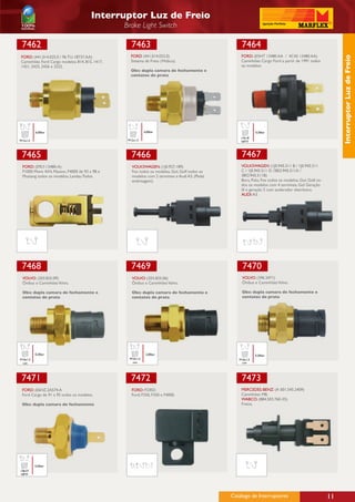 Interruptor Luz de Freio
                                                Brake Light Switch

 7462                                              7463                                            7464
 FORD: (441.014.025.0 / 96 TU-18737.AA)            FORD (441.014.022.0)                            FORD: (E5HT 13480 AA / 4C45 13480 AA)




                                                                                                                                                           Interruptor Luz de Freio
 Caminhões Ford Cargo modelos 814, 815, 1417,      Sistema de Freio (Wabco).                       Caminhões Cargo Ford a partir de 1991 todos
 1421, 2425, 2426 e 3222.                                                                          os modelos.
                                                   Obs: dupla camara de fechamento e
                                                   contatos de prata




          6,00bar                                           6,00bar                                         0,30bar
                                                                                                   1/4x18
M12x1,5                                          M12x1,5                                           NPTF




 7465                                              7466                                            7467
 FORD: (E9LY-13480-A)                              VOLKSWAGEN: (1J0.927.189)                       VOLKSWAGEN: (1J0.945.511 B / 1J0.945.511
 F1000 Mwm 4X4, Maxion, F4000 de 93 a 98 e         Fox todos os modelos, Gol, Golf todos os        C / 1J0.945.511 D /3BO.945.511A /
 Mustang todos os modelos, Landau Todos.           modelos com 2 terminais e Audi A3. (Pedal       3BO.945.511B)
                                                   embreagem)                                      Bora, Polo, Fox todos os modelos, Gol, Golf, to-
                                                                                                   dos os modelos com 4 terminais, Gol Geração
                                                                                                   III e geração 5 com acelerador eletrônico.
                                                                                                   AUDI: A3.




 7468                                              7469                                             7470
 VOLVO: (203.825.09)                               VOLVO: (203.825.06)                             VOLVO: (396.3471)
 Ônibus e Caminhões Volvo.                         Ônibus e Caminhões Volvo.                       Ônibus e Caminhões Volvo.

 Obs: dupla camara de fechamento e                 Obs: dupla camara de fechamento e               Obs: dupla camara de fechamento e
 contatos de prata                                 contatos de prata                               contatos de prata




          0,20bar                                            2,00bar                                        0,30bar
M16x1,5                                           M16x1,5                                         M16x1,5
 con                                               con                                             con




 7471                                              7472                                            7473
 FORD: (E6HZ.2A574.A                               FORD: FORD:                                     MERCEDES-BENZ: (A 001.545.2409)
 Ford Cargo de 91 a 95 todos os modelos.           Ford; F250, F350 e F4000.                       Caminhões MB.
                                                                                                   WABCO: (884.503.760-35)
 Obs: dupla camara de fechamento                                                                   Freios.




          4,50bar
1/8x27
NPTF




                                                                                               Catálogo de Interruptores                              11
 