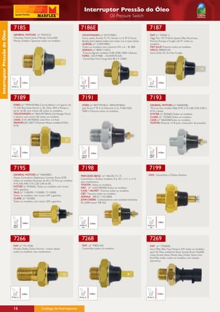 Interruptor Pressão do Óleo
                                                                                                                      Oil Pressure Switch

                                7185                                                    7186E                                                             7187
Interruptor Pressão do Óleo




                               GENERAL MOTORS: (nº 9301012)                              VOLKSWAGEN: (nº 021919081)                                       FIAT: (nº 7502811)
                               Chevette, Hatch, Júnior, Marajó, Chevy500,                Fusca, sedan, Kombi, TL, TC,Variant I e II, SP II, Puma,         Oggi, Fiat 147, Prêmio, Spazio, Elba, Panorama,
                               Monza, Kaddet e Ipanema todos os modelos.                 Brasilia, Gol e Saveiro todos com motor a ar e rosca cônica.     Fiorino, Europa e Furgão até 91 todos os
                                                                                         GURGEL: (nº CAE919081)                                           modelos.
                                                                                         Todos os modelos com motores VW a ar - Br 800.                   FIAT ALLIS: Tratores todos os modelos.
                                                                                         AGRALE: (nº 8005111033)                                          IVECO: (98469129)
                                                                                         Tratores Agrale modelos 4100, 4200, 4300 e Bobcat.               Iveco Daily 35-10 e Van Furgão.
                                                                                         FORD: (2SL919081 - XC459278-AA)
                                                                                          Caminhões Ford Cargo Até 98 e F-12000..




                                        0,50bar                                                   0,30bar                                                          0,50bar

                              M14x1,5                                                  M10x1,0                                                          M14x1,5
                                                                                        con




                                7189                                                     7191                                                             7193
                               FORD: (nº 79MU9278A) Corcel, Belina I e II apartir de     FORD: (nº BD7T9278-A / 89HU9278AA                                GENERAL MOTORS: (nº 94600398)
                               71. Del Rey, Scala, Escort L, GL, Ghia, XR3 e Pampa a     Jipe, Rural, F 75 4 cil. Maverick 4 cil., F100, F350,             Pick-up Gm modelo D60, D70, C10, C60, D20, D40 e
                               partir de 82 com motor AE todos os modelos.               F600 e Tratores todos os modelos.                                D10 a diesel.
                               VOLKSWAGEN: (nº 86AU9278AA) Gol,Voyage, Parati                                                                             HYSTER: (nº 822682) Todos os modelos.
                               e Saveiro com motor AE todos os modelos.                                                                                   CLARK: (nº 752585) Todos os modelos.
                               LADA: (2101.38100600) Lada Niva 1.6 4wd.                                                                                   CASE: (nº E062038)Todos os modelos.
                               MAXION: (021.369-T1)Tratores Maxion modelos 9150 e                                                                         TOYOTA: Motores 14 B (sem mostrador de pressão)
                               9170.




                                        0,40bar                                                    0,30bar                                                        0,45bar
                                                                                         1/4x18                                                          1/8x27
                              M14x1,5                                                                                                                    NPTF
                                                                                         NPTF




                                7195                                                     7198                                                            7199
                               GENERAL MOTORS: (nº 94603087)                            MERCEDES BENZ: (nº 346.542.711.7)                               VDO: Caminhões e Ônibus Rodoar.
                               Opala, Comodoro, Diplomata, Caravan, Puma GTB            Caminhões e Ônibus modelos 312, 321, 1111 e 1113
                               todos os modelos.Veraneio de 65 a 75. Pick-up modelos    sem manômetro.
                               A10, A20, A40, C10, C20, C40 de 85.                      TOYOTA: Todos os modelos.
                               HYSTER: (nº 818565) Todos os modelos com motor           FIAT: (nº 16257300200) Todos os modelos.
                               GM a gasolina.                                           CASE / VALMET: Tratores todos os modelos.
                               YALE: (nº 7100399 / 7103090 / 7113090)                   CBT: Tratores todos os modelos.
                               Todos os modelos com motor GM a gasolina.                AGRALE: 800.511.103.308.8
                               CLARK: (nº 752585)                                       JOHN DEERE: Colheitadeiras com unidade hidráulica
                               Todos os modelos com motor GM a gasolina.                Slc 6200 motor MB 352.




                                        0,60bar                                                                                                                   7,00bar
                                                                                                  0,45bar
                               1/8x27                                                  M10x1,0                                                          M10x1,0
                               NPTF                                                     con                                                              con




                                7266                                                     7268                                                             7269
                               FIAT: (nº 7511028)                                        FIAT: (nº 79855165)                                              FIAT: (nº 7705830)
                               Modelo, Rallye, Turbo, Fiorino - motor diesel             Caminhões todos os modelos.                                      Uno, Mille, Elba, Tipo, Tempra, SW todos os modelos
                               todos os modelos com manômetro.                                                                                            após 92. Palio, weekend, Siena, Strada, Bravo Fiat500,
                                                                                                                                                          Linea, Strada, Siena, Marea, Idea, Doblo, Novo Uno
                                                                                                                                                          Evo/Way todos. todos os modelos com injeção
                                                                                                                                                          eletrônica.




                                        0,50bar                                                   0,50bar                                                         0,50bar
                              M14x1,5                                                  M12x1,5                                                          M14x1,5




                               16                         Catálogo de Interruptores
 