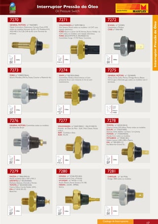 Interruptor Pressão do Óleo
                                                           Oil Pressure Switch

 7270                                                         7271                                                         7272




                                                                                                                                                                                 Interruptor Pressão do Óleo
 GENERAL MOTORS: (nº 94603087)                                VOLKSWAGEN: (nº 0299190812)                                  SCANIA: (nº 532583)
 Opala, Comodoro, Diplomata, Caravan, Puma GTB                Gol, Saveiro, Parati todos os modelos 1.6 CHT com            Caminhôes e Ônibus.
 todos os modelos.Veraneio de 65 a 75. Modelos A10,           injeção eletrônica.                                          CASE: (nº E066180)
 A20, A40, C10, C20, C40 de 85. (com Terminal de              FORD: Escort a partir de 92,Verona, Escort Hobby 1.6
 encaixe).                                                    CHT todos os modelos com injeção eletrônica.
                                                              FORD: (BG5X9F479CA 2RO906051D)
                                                              Caminhões Cargo 1717E Motor Cummins.




         0,60bar                                                      0,40bar                                                     0,80bar
1/8x27                                                      M14x1,5                                                      1/8x27
NPTF                                                                                                                     NPTF




 7273                                                         7274                                                         7275
 FORD: (nº 92BB9278AA)                                        MWM: (nº 905782010060)                                       GENERAL MOTORS: (nº 25036849)
 Escort, Mondeo, SW, Ka, Fiesta, Courier e Maverick 4cc.      Caminhões, Ônibus, Estacionários e Com-                      Astra, Corsa, Celta, Monza, Ômega,Vectra, Blazer,
                                                              pressores de ar com motores 3, 4, 6 cil. sem                 S10 2.2 gas e Silverado gas. todos os modelos com 3
                                                              manômetros.                                                  terminais.




         0,30bar                                                      0,30bar
                                                                                                                                  M14x1,5
1/4x18                                                      M10x1,0
NPTF                                                         con                                                                  0,30bar




 7276                                                         7277                                                        7278
GENERAL MOTORS: Caminhões todos os modelos                                                                               TOYOTA: (nº 8353010010)
                                                             VOLKSWAGEN: (nº 056919081E / 056.919.081D)
da Chevrolet Brasil.                                                                                                     Camry, Corola, SW, Hillux, Previa todos os modelos.
                                                             Pressão de Oleo do Filto - Golf , Polo Classic, Passat
                                                                                                                         SUZUKI: (nº 3782073000)
                                                             e Bora.
                                                                                                                         Samurai, Swift, Sidekik 1.6,Vitara 1.6 e Jimmy.
                                                             SEAT: Córdoba e Ibiza.
                                                                                                                         HONDA: (nº 37200590036)
                                                             AUD: A3, A4.
                                                                                                                         Honda Civic todos os modelos.
                                                                                                                         MITSUBISHI: (nº MD001481)
                                                                                                                         Galant, Lancer, L200, L300 e Pajero.
                                                                                                                         KIA: (nº 90018501-C)
                                                                                                                         Kia Besta Van Grand Gs, .




         0,60bar                                                      1,80bar                                                     0,30bar
1/8x27                                                                                                                   1/8x28
NPTF                                                        M10x1,0                                                       BSPT




 7279                                                         7280                                                        7281
MAZDA: (nº 086618501A)                                        HONDA: (nº 37240-PD2.003)                                    CHRYSLER: (nº 3617936)
Mazda modelos 626 e 929 e MX-3.                               Honda Accord, Civic e Prelude.                               Dodge 1800 todos os modelos.
DAIHATSU: (nº 8353030060)                                     HYUNDAY: (nº 94750-11110)
Daihatsu Aplause, Charade e Feroza.                           Acent, Elantra, Excel, Sonata e H-100.
TOYOTA: (nº 835303001020)                                     NISSAN: (25240 - 89900)
Camry, Hillux, Corola Fielder (SW).                           Sentra.
KIA: (nº15018 501-D)
Besta Van.




         0,30bar                                                      0,30bar                                                     0,30bar
1/8x28                                                      1/8x28                                                       1/8x27
 BSPT                                                        BSPT                                                        NPTF




                                                                                                                      Catálogo de Interruptores                            17
 