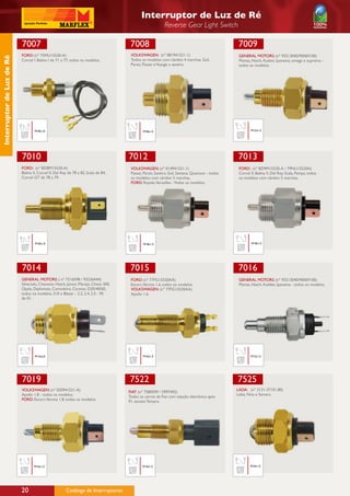 Interruptor de Luz de Ré
                                                                                                         Reverse Gear Light Switch

                           7007                                                      7008                                                      7009
                           FORD: (nº 75MU15520-A)                                    VOLKSWAGEN: (nº 081941521-1)                              GENERAL MOTORS: (nº 93213040/90069100)
Interruptor de Luz de Ré




                           Corcel I, Belina I de 71 a 77, todos os modelos.          Todos os modelos com câmbio 4 marchas. Gol,               Monza, Hatch, Kadett, Ipanema, omega e suprema -
                                                                                     Parati, Passat e Voyage e saveiro.                        todos os modelos.




                                   M18x1,0                                                  M18x1,5                                                   M12x1,5




                           7010                                                     7012                                                      7013
                           FORD: (nº BD8M15520-A)                                    VOLKSWAGEN: (nº 014941521-1)                              FORD: (nº BD9M15520-A / 79NU15520A)
                           Belina II, Corcel II, Del Rey de 78 a 82, Scala de 84,    Passat, Parati, Saveiro, Gol, Santana, Quantum - todos    Corcel II, Belina II, Del Rey, Scala, Pampa, todos
                           Corcel GT de 78 a 79.                                     os modelos com câmbio 5 marchas.                          os modelos com câmbio 5 marchas.
                                                                                     FORD: Royale,Versailles - Yodos os modelos.




                                   M18x1,0                                                  M18x1,5                                                    M18x1,5




                           7014                                                      7015                                                     7016
                           GENERAL MOTORS: ( nº 7316598 / 93236444)                  FORD: (nº 77FG15520AA)                                    GENERAL MOTORS: (nº 93213040/90069100)
                           Silverado, Chevette, Hatch, Júnior, Marajó, Chevy 500,    Escort,Verona 1.6, todos os modelos.                      Monza, Hatch, Kaddet, Ipanema - todos os modelos.
                           Opala, Diplomata, Comodoro, Caravan, D20/40/60,           VOLKSWAGEN: (nº 77FG15520AA)
                           todos os modelos, S10 e Blazer - 2.2, 2.4, 2.5 - 95       Apollo 1.6.
                           de 01.




                                   M14x2,0                                                  M16x1,5                                                   M12x1,5




                           7019                                                     7522                                                      7525
                           VOLKSWAGEN: (nº 020941521-A)                                                                                       LADA: (nº 2121-37101.80)
                                                                                    FIAT: (nº 7580599 / 5997492)
                           Apollo 1.8 - todos os modelos.                                                                                     Laika, Niva e Samara.
                                                                                    Todos os carros da Fiat com injeção eletrônica após
                           FORD: Escort,Verona 1.8, todos os modelos.               91, exceto Tempra.




                                   M16x1,5                                                  M14x1,5                                                   M16x1,5




                           20                          Catálogo de Interruptores
 