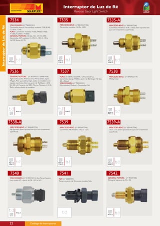 Interruptor de Luz de Ré
                                                                                                            Reverse Gear Light Switch

                            7534                                                         7535                                                    7535-A
                            VOLKSWAGEN: (nº TE6941521)                                    MERCEDES-BENZ: (n°000.545.7106)                          MERCEDES-BENZ: (nº 0005457106)
Interruptor de Luz de Ré




                            Caminhões leves e Microônibus modelos 7100, 8140,             Caminhões modelos 1618 e 1620.                           Caminhões Modelos 1618 e 1620. (Item opcional em
                            11130 e 11140.                                                                                                         aço com tratamento superficial).
                            FORD: Caminhões modelos F1000, F4000, F7000,
                            F11000, F12000 e F14000.
                            GENERAL MOTORS: (15.566.155 - 07.316.598)
                            Caminhões GM modelos 12.170, 14-190, 15-190 e
                            16-220 Séries A,C,D.




                                                                                        M27x1,0                                                  M27x1,0
                           M14x2,0                                                      M18x1,5                                                  M18x1,5




                            7536                                                           7537                                                   7538
                            GENERAL MOTORS : (nº 90245033 / 90482454);                    FORD: (nº 88HU15520AA / C9TZ15520-C)                     MERCEDES-BENZ: (nº 0045452714)
                            Agile todos,Celta, Prisma,Corsa, Wind, Sedan, Super,          Caminhões Cargo F4000 a partir de 85. Ranger V6 Gas.     MB Sprinter.
                            Wagon, Pick-up, Calibra, Tigra, todos os modelos com          2.5 a Diesel.
                            injeção eletrônica.Vectra a partir de 96. Blazer e S10        VOLKSWAGEN: (nº TJG941521)
                            2.4, 2.8 e 4.3 a partir de 2001. Meriva, Montana 1.4/1.8,     Miicroônibus, Ônibus e Caminhões VW.
                            Zafira e Astra.todos os modelos.




                                     M12x1,5                                                      M14x1,5
                                                                                                                                                 M27x1,0
                                                                                                                                                 M30x1,5




                           7538-A                                                         7539                                                   7539-A
                            MERCEDES-BENZ: (nº 0045452714)                                MERCEDES-BENZ: (nº 0005457506)                           MERCEDES-BENZ: (nº 0005457506)
                            MB Sprinter. (Item opcional em aço com tratamento             Caminhões MB modelos 1621 e 1721.                        1621, 1721.(Item opcional em aço com tratamento
                            superficial).                                                                                                          superficial).




                           M27x1,0                                                      M27x1,0                                                  M27x1,0
                           M30x1,5                                                      M18x1,5                                                  M18x1,5




                             7540                                                         7541                                                    7542
                            VOLKSWAGEN: (nº 0139415211); Gol, Parati, Saveiro                                                                    GENERAL MOTORS: (nº 90337100)
                                                                                         FIAT: (nº 50007291)
                            com motor AT a partir de 96 1.0 8 e 16V.                                                                             Ômega e Suprema de 93 a 98.
                                                                                         Tempra a partir de 96, exceto modelo Stile.




                                     M18x1,5
                                                                                                                                                 M12x1,5




                            22                         Catálogo de Interruptores
 