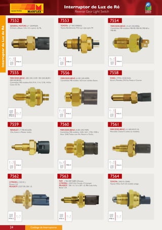 Interruptor de Luz de Ré
                                                                                                        Reverse Gear Light Switch

                             7552                                                    7553                                               7554
                            GENERAL MOTORS: (nº 23049569)                             TOYOTA: (nº 8421098003)                           MERCEDES-BENZ: ( A 631.545.0006)
Interruptor de Luz de Ré




                            S10 6cil. e Blazer 2.8 e 4.3 a partir de 96.              Toyota Bandeirante, Pick-up e jipe após 94.       Caminhões MB modelos MB100, MB140, MB160 e
                                                                                                                                        MB180.




                                     M16x1,5                                                  M18x1,5                                            M16x1,5




                            7555                                                      7556                                             7558
                            MERCEDES-BENZ: (001.545.12.09 / 001.545.28.09 /           MERCEDES-BENZ: (A 001.545.4309)                   FORD: ( 97FG.15520 A2A)
                            000.545.80.09)                                            Caminhões MB modelo 1621com cambio Eaton.         Escort, Mondeo, SW, Ka, Fiesta e Courier.
                            Caminhões MB modelos 814, 914, 1114, 1218, 1418 e
                            Caixa G3 55.




                                                                                              M14x1,5                                            M16x1,5
                           M27x1,0
                           M12x1,0




                            7559                                                     7560                                               7561
                             RENAULT: ( 7.700.422.630)                               MERCEDES-BENZ: (A.001.545.7409)                    MERCEDES-BENZ: ( A.168.545.0114)
                             Clio, Scenic e Master todos.                            Caminhões MB modelos 1620, 1621, 1720, 1938 e      Mercedes Classe A, todos os modelos.
                                                                                     Axor 2540. Todos com Ré, Neutro e Tucho.




                                     M14x1,5                                                  M20x1,5                                            M12x1,5




                            7562                                                    7563                                                7564
                                                                                    FIAT: ( 963.387.5680 );Ducato.                      TOYOTA: ( 84210-12040)
                           CITROEN: ( 225.52 )
                                                                                    CITRÖEN: (2257.53); Citroên C3, Jumper              Toyota Hillux Sw4 3.0 modelo antigo.
                           Picasso 2.0.
                                                                                    PEUGEOT: 206 1.4, 1.6 e 307 1.6, 406 toda linha,
                           PEUGEOT: (2257.59) 206 1.0.
                                                                                    Boxer 2.8




                           M14x1,5                                                  M14x1,5                                            M18x1,5




                            24                          Catálogo de Interruptores
 