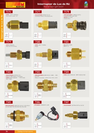 Interruptor de Luz de Ré
                                                                                                         Reverse Gear Light Switch

                            7576                                                     7577                                             7578
                             FORD: (XS4T 15520 AA.)                                  VOLKSWAGEN: (2R0.941.521.A)                      MERCEDES-BENZ: (A000.261.03.91)
Interruptor de Luz de Ré




                             Focus hatch e sedam 2.0.                                Caminhões, Ônibus e Microônibus VW.              Caminhões MB modelo 2423.
                                                                                                                                      EATON: (2771532)
                                                                                                                                      Câmbio Eaton.




                           M16x1,0                                                  M18x1,5                                          M14x1,5




                             7579                                                     7580                                            7581
                             IVECO: (4846676)                                        FORD: (BG1T 15520A)                             KIA: (0091317640)
                             Daily Iveco 35-10 Turbo.                                Ranger                                          BESTA 2.2




                                       M14x1,5                                                                                                    M14x1,5
                                                                                    M12x1,5




                            7582                                                     7583                                             7584
                             VOLKSWAGEN: (2W0.941.521)                               MERCEDES-BENZ: (A004. 545. 611 40001 - 0501.    FORD: (F4BT-155520-AA BF8T-15520-A) F250
                             8150 ano 2005, Ônibus e Caminhões                       216. 473)
                             FORD: (F7HZ.15520.CB    -   F7HT.15520.                 Ônibus e Caminhões , LO914, 712C, 914C, 1215C
                             CB) F14000




                                                                                              M18x1,5
                                     9/16-18 UNF                                              M27x1,0                                          9/16-18 UNF




                             7585                                                    7586                                             7587
                                                                                    MITSUBISHI: (ME581047 ) L200                     VOLKSWAGEN: (02T.945.415P Fox, Gol G5
                            MERCEDES-BENZ: (A003.545.1614) LK 1218,1418,15
                            24,1525,1620,1718,1720,1929,1932,1933,1934




                                       M18x1,5
                                       M27x1,0                                                M12x1,25                                            M12x1,5




                            26                          Catálogo de Interruptores
 