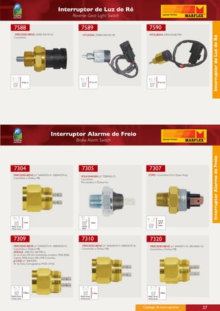 Interruptor de Luz de Ré
                                                       Reverse Gear Light Switch

  7588                                                      7589                                               7590
   MERCEDES-BENZ: (A005.545.4514)                            HYUNDAI: (93860.4A010) HR                         MITSUBISHI: (MR410768) TR4




                                                                                                                                                               Interruptor de Luz de Ré
   Caminhões




               M18x1,5                                               M12x1,25                                            M12x1,25




                                   Interruptor Alarme de Freio
                                                        Brake Alarm Switch




                                                                                                                                                               Interruptor Alarme de Freio
  7304                                                      7305                                               7307
  MERCEDES-BENZ: (nº 3445457514 / 0005457914)                                                                 FORD: Caminhões Ford. Equip.Varga.
                                                           VOLKSWAGEN: (nº T00945517)
  Caminhões e Ônibus MB.                                   Caminhões,
                                                           Microônibus e Ônibus Vw.




                                                                                                                         1/4x18
                 5.5bar                                                   4,0bar                                         NPTF
                                                                                                                         4,5bar
M24x1,0-ext.                                                1/4x18
M12x1,5-int                                                 NPTF




  7309                                                      7310                                                7320
  MERCEDES-BENZ: (nº 3445457314 / 0005454314)                MERCEDES-BENZ: (nº 3445457414 / 0005457914)        MERCEDES-BENZ: (nº 3445457114 / 0015454114)
  Caminhões e Ônibus MB.                                     Caminhões e Ônibus MB.                             Caminhões e Ônibus MB.
  AGRALE: (600.701.100.700.1)
  Ar do Freio. MA 8.5. Caminhões modelos 7500, 8500,
  Cabine, 9200,Volare A8 e W8 Colombia.
  JJ CASE: (n° E064209)
  Ar do freio, Carregadeiras W20 e W36.




                5.00bar                                                    5.70bar                                           1.00bar
M24x1,0-ext.                                               M24x1,0-ext.                                       M24x1,0-ext.
M12x1,5-int                                                M12x1,5-int                                        M12x1,5-int



                                                                                                           Catálogo de Interruptores                      27
 