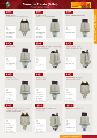 Sensor de Pressão (Bulbo)
                                                 Pressure Sensor (Bulbo)

 8902                                                  8903                                                   8905
SCANIA: (68.447 B)                                      SCANIA: (374.338)                                      VOLVO: ( 688.9268): Da água.NL Todos.




                                                                                                                                                            Sensor de Pressão (Bulbo)
Do óleo/Água. K112, T112, T142, Modelo antigo.          Do óleo, K 112, T112, T142, MODERNO




M14x1,5                                               M14x1,5                                                M16x1,5

Escala de 0 á 10 bar                                  Escala de 0 á 10 bar                                   Escala de 0 á 10 bar
Alarme 1,00bar                                        Alarme 1,00bar

0bar=10ohms                                           0bar=10ohms
6bar=124ohms                                          6bar=124ohms




 8906                                                 8908                                                    8909
VOLVO: (812.8439)                                       MERCEDES-BENZ: (004.542.8917 - 345.542.7317) Do        VOLKSWAGEN: (002.437.237)
Ar, Todos                                               óleo. Caminhões e Ônibus.                              Do óleo. Caminhões a partir de 72.




M16x1,5                                               1/8x27                                                 M10x1,0 con
                                                      NPTF
Escala de 0 á 10 bar                                                                                         Escala de 0 á 7 bar
Alarme 4,9bar                                         Escala de 0 á 7 bar




 8910                                                  8911                                                    8912
VOLVO: (812.5160)                                       VOLVO: (813.3070 )                                     MERCEDES-BENZ: (004.542.4317)
Da água / Óleo, NL Todos.                               Do óleo, B58 / B58E                                    Do óleo. Caminhões e Ônibus.




1/8x27 NPTF                                            1/8x27 NPTF                                            M18x1,5

Escala de 0 á 7 bar                                    Escala de 0 á 7 bar                                    Escala de 0 á 5 bar
                                                       Alarme 0,25bar

0bar=10ohms                                            0bar=10ohms                                            0bar=10ohms
6bar=134ohms                                           5bar=134ohms                                           3bar=116ohms




8913                                                    8914                                                   8915
MERCEDES-BENZ: (001.542.5617 - 684.542.7217)           MERCEDES-BENZ: 001.542.9302: Do Óleo.                  VOLVO: (812.5161): Turbo, NL Todos.
Do óleo, OM 364/366, 0MC1421/1421LN                    Motor Estacionário.
1425/1425L/1425ALN/1625ALN.




M14x1,5                                                M14x1,5                                                7/16x24
                                                                                                              UNS
Escala de 0 á 5 bar                                    Escala de 0 á 7 bar
Alarme 0,25bar                                                                                                Escala de 0 á 1,5 bar

0bar=10ohms                                            0bar=10ohms
3bar=116ohms                                           3bar=116ohms



                                                                                                          Catálogo de Interruptores                    33
 