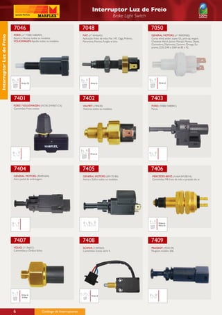 Interruptor Luz de Freio
                                                                                                            Brake Light Switch

                           7046                                                7048                                              7050
                           FORD: (nº 71BB13480AD)                              FIAT: (nº 4345643)                                GENERAL MOTORS: (nº 90059582)
Interruptor Luz de Freio




                           Escort e Verona todos os modelos.                   Aplicação Freio de mão: Fiat 147, Oggi, Prêmio,   Corsa wind, sedan, super, GL, pick-up, wagon,
                           VOLKSWAGEN: Apollo todos os modelos.                Panorama, Fiorino, Furgão e Uno.                  Chevette Hatch, Júnior, Marajó, Monza, Opala,
                                                                                                                                 Comodoro, Diplomata, Caravan, Ômega, Su-
                                                                                                                                 prema, D20, D40 e D60 de 85 a 92.




                                 M12x1,75                                             M12x1,5                                           M12x1,5




                           7401                                                7402                                              7403
                           FORD / VOLKSWAGEN: (XC45-2W067-CA)                  VALMET: (190630)                                  FORD: (93BB13480BC)
                           Caminhões Freio motor.                              Tratores todos os modelos.                        Focus.




                                                                                      M14x1,0




                           7404                                                7405                                              7406
                           GENERAL MOTORS: (90492444)                          GENERAL MOTORS: (09175185)                        MERCEDES-BENZ: (A.664.545.8514);
                           Astra pedal da embreagem.                           Astra e Zafira todos os modelos.                  Caminhões MB freio de mão e pressão do ar.




                                                                                                                                       M14x1,5
                                                                                                                                       M27x1,0




                           7407                                                7408                                              7409
                           VOLVO: (1136651)                                    SCANIA: (1369263)                                 PEUGEOT: (4534.44)
                           Caminhões e Ônibus Volvo.                           Caminhões Scania série 4.                         Peugeot modelo 206.




                                 M10x1,0                                               M12x1,0
                                 0.35bar




                           6                       Catálogo de Interruptores
 