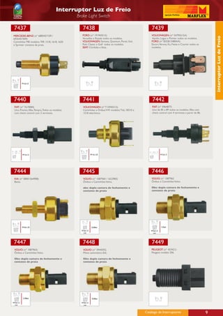 Interruptor Luz de Freio
                                               Brake Light Switch

 7437                                             7438                                              7439
MERCEDES-BENZ: (nº 6885457109 /                   FORD: (nº 191945515)                              VOLKSWAGEN: (nº 54795515A)




                                                                                                                                                        Interruptor Luz de Freio
6935457309)                                       Versailles e Royale todos os modelos.             Apollo, Logus e Pointer todos os modelos.
Caminhões MB modelos 709, 1518, 1618, 1620        VOLKSWAGEN: Santana, Quantum, Parati, Gol,        FORD: (nº 82GB13480AA)
e Sprinter contatos de prata.                     Polo Classic e Golf todos os modelos.             Escort,Verona, Ka, Fiesta e Courier todos os
                                                  SEAT: Córdoba e Ibiza.                            modelos.




          M12x1,0




 7440                                             7441                                               7442
 FIAT: (nº 7619084)                               VOLKSWAGEN: (nº T15945515)                        FIAT: (nº 5964877)
 Uno, Premio, Elba, Tempra, Todos os modelos      Caminhões e Ônibus VW modelos Titã, 18310 e       Uno de 85 a 89 todos os modelos. Elba com
 com check control com 3 terminais.               1518 eletrônico.                                  check control com 4 terminais a partir de 86.




          M12x1,5                                          M12x1,25                                           M12x1,5




 7444                                             7445                                              7446
 KIA: (nº 08001564908)                            VOLVO: (nº 1087960 / 1622983)                     VOLVO: (nº 1087962
 Besta.                                           Ônibus e Caminhões Volvo.                         Ônibus e Caminhões Volvo.

                                                  obs: dupla camara de fechamento e                 Obs: dupla camara de fechamento e
                                                  contatos de prata                                 contatos de prata




          M10x1,25                                          0,30bar                                            4,2bar
                                                 M16x1,5                                            M16x1,5
                                                  con                                                con




 7447                                             7448                                              7449
 VOLVO: (nº 1087963)                              VOLVO: (nº 3944592)                               PEUGEOT: (nº 453421)
 Ônibus e Caminhões Volvo.                        Piloto automático Edc.                            Peugeot modelo 206.

 Obs: dupla camara de fechamento e                Obs: dupla camara de fechamento e
 contatos de prata                                contatos de prata




           5,40bar                                          0,30bar

M16x1,5                                          M16x1,5
 con                                              con



                                                                                                Catálogo de Interruptores                           9
 