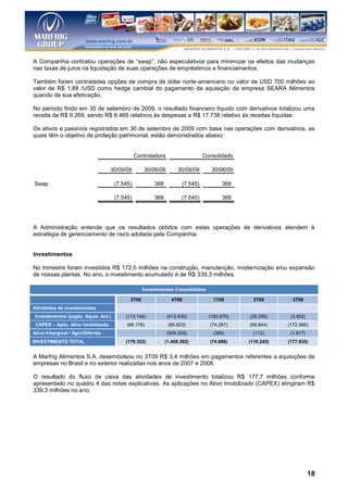 A Companhia contratou operações de “swap”, não especulativos para minimizar os efeitos das mudanças
nas taxas de juros na liquidação de suas operações de empréstimos e financiamentos.

Também foram contratadas opções de compra de dólar norte-americano no valor de USD 700 milhões ao
valor de R$ 1,88 /USD como hedge cambial do pagamento da aquisição da empresa SEARA Alimentos
quando de sua efetivação,

No período findo em 30 de setembro de 2009, o resultado financeiro líquido com derivativos totalizou uma
receita de R$ 9.269, sendo R$ 8.469 relativos às despesas e R$ 17.738 relativo às receitas líquidas.

Os ativos e passivos registrados em 30 de setembro de 2009 com base nas operações com derivativos, as
quais têm o objetivo de proteção patrimonial, estão demonstrados abaixo:


                                                Controladora                   Consolidado

                                    30/09/09       30/06/09         30/09/09      30/06/09

Swap                                  (7.545)           368          (7.545)           368

                                      (7.545)           368          (7.545)           368




A Administração entende que os resultados obtidos com estas operações de derivativos atendem à
estratégia de gerenciamento de risco adotada pela Companhia.


Investimentos

No trimestre foram investidos R$ 172,5 milhões na construção, manutenção, modernização e/ou expansão
de nossas plantas. No ano, o investimento acumulado é de R$ 339,3 milhões.

                                                   Investimentos Consolidados

                                            3T08                 4T08              1T09        2T09        3T09
Atividades de investimentos
 Investimentos (pagto. Aquis. Ant.)       (113.144)            (413.430)         (160.676)   (26.289)     (3.452)
 CAPEX – Aplic. ativo imobilizado          (66.178)            (85.623)          (74.297)    (89.844)    (172.566)
Ativo Intangível / Ágio/Diferido                               (909.209)           (389)       (112)      (1.817)
INVESTIMENTO TOTAL                        (179.322)           (1.408.262)        (74.686)    (116.245)   (177.835)


A Marfrig Alimentos S.A. desembolsou no 3T09 R$ 3,4 milhões em pagamentos referentes a aquisições de
empresas no Brasil e no exterior realizadas nos anos de 2007 e 2008.

O resultado do fluxo de caixa das atividades de investimento totalizou R$ 177,7 milhões conforme
apresentado no quadro 4 das notas explicativas. As aplicações no Ativo Imobilizado (CAPEX) atingiram R$
339,3 milhões no ano.




                                                                                                                    18
 