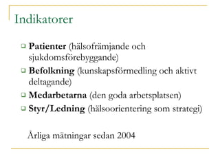 Indikatorer  Patienter  (hälsofrämjande och sjukdomsförebyggande) Befolkning  (kunskapsförmedling och aktivt deltagande) Medarbetarna  (den goda arbetsplatsen) Styr/Ledning  (hälsoorientering som strategi) Årliga mätningar sedan 2004 