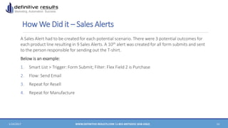 How We Did it – Sales Alerts
1/24/2017 WWW.DEFINITIVE-RESULTS.COM |1-855-MKTGDOC (658-4362) 14
A Sales Alert had to be created for each potential scenario. There were 3 potential outcomes for
each product line resulting in 9 Sales Alerts. A 10th alert was created for all form submits and sent
to the person responsible for sending out the T-shirt.
Below is an example:
1. Smart List > Trigger: Form Submit; Filter: Flex Field 2 is Purchase
2. Flow: Send Email
3. Repeat for Resell
4. Repeat for Manufacture
 
