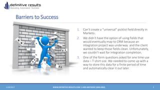 Barriers to Success
1. Can’t create a “universal” picklist field directly in
Marketo.
2. We didn’t have the option of using fields that
would eventually map to CRM because an
integration project was underway and the client
wanted to keep those fields clean. Unfortunately,
we couldn’t wait for Integration completion.
3. One of the form questions asked for one time use
data – T-shirt size. We needed to come up with a
way to store this data for a finite period of time
and automatically clear it out later.
1/24/2017 WWW.DEFINITIVE-RESULTS.COM |1-855-MKTGDOC (658-4362) 5
 
