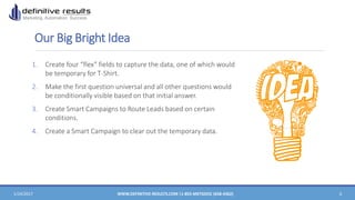 Our Big Bright Idea
1. Create four “flex” fields to capture the data, one of which would
be temporary for T-Shirt.
2. Make the first question universal and all other questions would
be conditionally visible based on that initial answer.
3. Create Smart Campaigns to Route Leads based on certain
conditions.
4. Create a Smart Campaign to clear out the temporary data.
1/24/2017 WWW.DEFINITIVE-RESULTS.COM |1-855-MKTGDOC (658-4362) 6
 