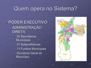 Quem opera no Sistema?

PODER EXECUTIVO
    ADMINISTRAÇÃO
     DIRETA
     20 Secretarias
      Municipais
     31 Subprefeituras
     11 Fundos Municipais
     Ouvidoria Geral do
      Município
 