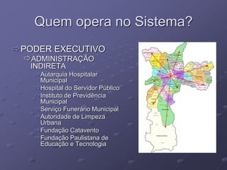Quem opera no Sistema?
PODER EXECUTIVO
 ADMINISTRAÇÃO
   INDIRETA
   Autarquia Hospitalar
    Municipal
   Hospital do Servidor Público
   Instituto de Previdência
    Municipal
   Serviço Funerário Municipal
   Autoridade de Limpeza
    Urbana
   Fundação Catavento
   Fundação Paulistana de
    Educação e Tecnologia
 
