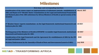 Milestones
Next steps and corresponding timelines
Consideration of the status report on implementation of milestones towards establishment of
AMA and Report of 2nd
Member States’ Consultations on the Legal and Institutional Frameworks
and Business plan of the AMA milestones by African Ministers of Health at special session of the
STCHPDC
March 2017
3rd
Member States’ experts consultations on the legal framework, institutional framework and
business plan for AMA
Q3 2017
Working group of the Ministers of Health of STCHPDC to consider legal framework, institutional
framework and business plan for AMA
Q4 2017
Consideration of the legal framework and the Agreement for establishment of AMA by the STC
on Legal and Justice Affairs
2018
Decision/Endorsement by the Assembly of Heads of State and Governments(Launch of AMA) July 2018
 