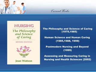 Current Works


The Philosophy and Science of Caring
             (1979,1985)

 Human Science and Human Caring
        (1985,1988, 1999)

  Postmodern Nursing and Beyond
              (1999)

Assessing and Measuring Caring in
Nursing and Health Sciences (2002)
 