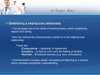 10 Carative Factors

4. Establishing a helping-trust relationship

    • The strongest tool is the mode of communication, which establishes
    rapport and caring.

    • She has defined the characteristics needed to in the helping-trust
    relationship.

        These are:
            •Congruence – Agreeing/ In Agreement
            •Empathy – to feel as one’s own the feeling of another.
            •Warmth – Emotional intensity (e.g. love, enthusiasm)

    • Communication includes verbal, nonverbal and listening in a manner
    which connotes empathetic understanding
 