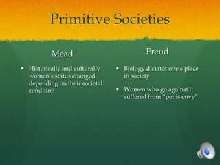 Primitive Societies

          Mead                             Freud
 Historically and culturally    Biology dictates one’s place
  women’s status changed          in society
  depending on their societal
  condition                      Women who go against it
                                  suffered from “penis envy”
 