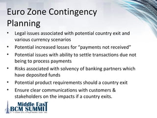 Euro Zone Contingency
Planning
The fear is not only Greece could be forced out, but it would
spread quickly to:
1.Ireland
2.Italy
3.Portugal
4.Spain
5.Any beyond
The countries above have been identified as PIIGS.
 
