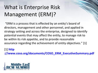 Agenda
1. What is Enterprise Risk Management (ERM)?
2. Why organizations should have an ERM Program
3. Competitive Imperative
4. Elements of an ERM Program
5. Connecting with Business Continuity Management (BCM)
6. Euro Zone Contingency Planning
7. Conclusion
 