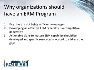 What is Enterprise Risk
Management (ERM)?
“ERM is a process that is effected by an entity’s board of
directors, management and other personnel, and applied in
strategy setting and across the enterprise, designed to identify
potential events that may affect the entity, to manage risk to
be within its risk appetite, and to provide reasonable
assurance regarding the achievement of entity objectives.” [1]
[1] http
://www.coso.org/documents/COSO_ERM_ExecutiveSummary.pdf
 