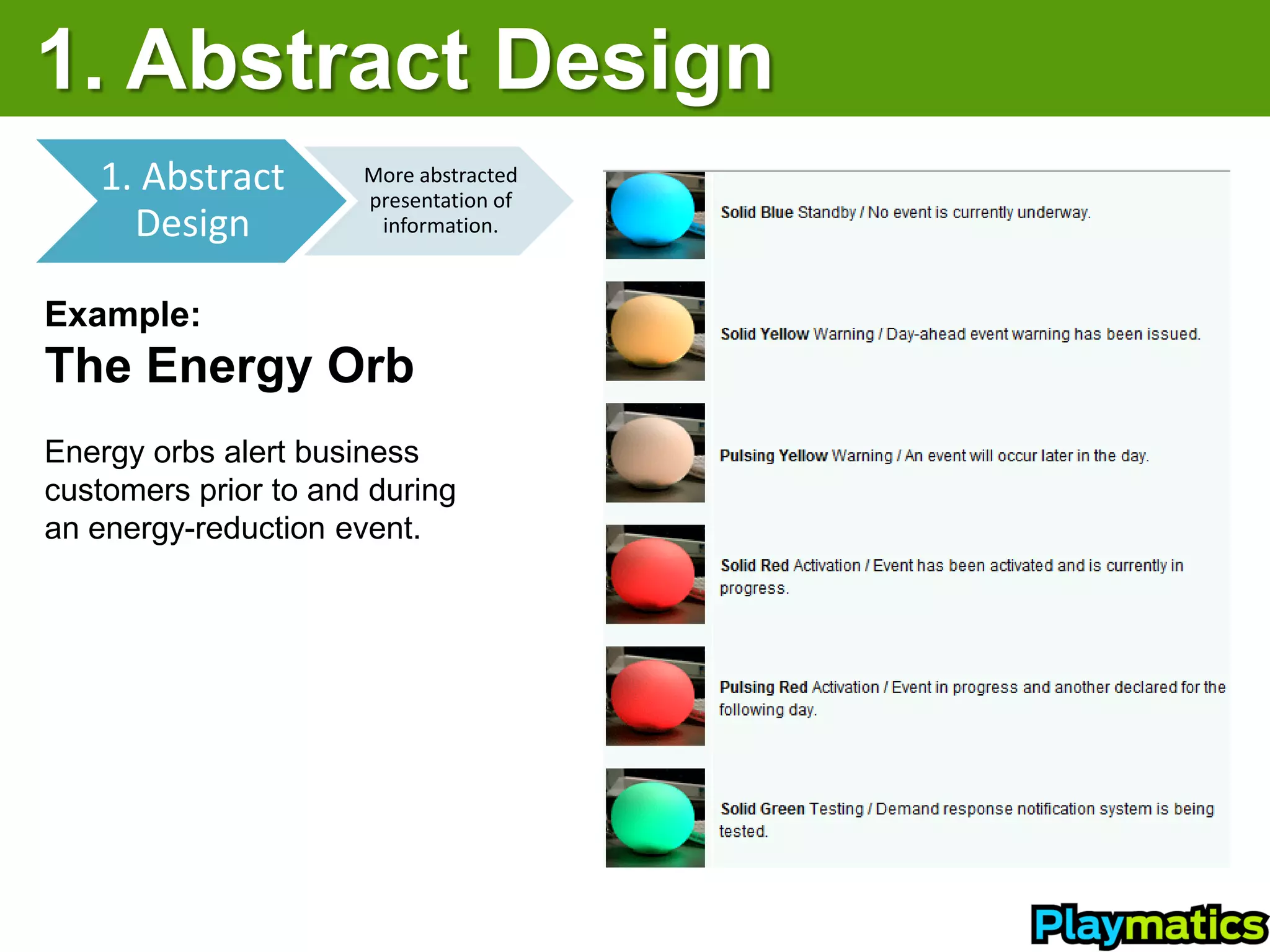 1. Abstract Design
   1. Abstract        More abstracted
                      presentation of
     Design            information.



Example:
The Energy Orb
Energy orbs alert business
customers prior to and during
an energy-reduction event.
 