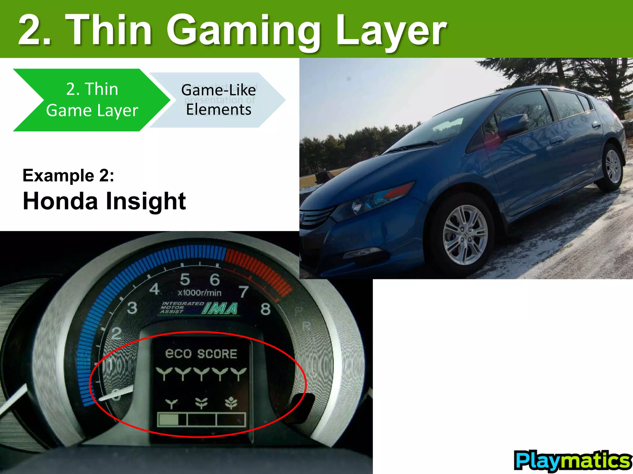 2. Thin Gaming Layer
    2. Thin    Game-Like
               More abstracted
  Abstract
  Game Layer
               presentation of
               Elements
                information.




Example 2:
Honda Insight
 