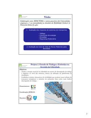 Contexto
Para um percurso diário de 5 km, indo de bicicleta…
Podemos poupar ~ 0.5 L de gasolina (⇒ ~ 1.2 kg emissões CO2) ⇒
~25 €/mês
Redução em 1/3 das viagens efetuadas em automóvel:
↓ 36% emissões CO e HC
© M.C.Coelho
22
↓ 36% emissões CO e HC
↓ 56% emissões NOx
↓ 9% pessoas afetadas por poluição sonora
É relevante discutir o papel da bicicleta na mobilidade urbana,
para constituir uma alternativa de mobilidade interessante!
 