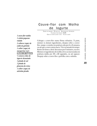 Couve-flor com Molho
                             de Iogurte
                              TEMPO DE PREPARO : 25 MINUTOS R ENDIMENTO: 4 PORÇÕES
                                            CALORIAS POR PORÇÃO: 33,00
                                    G RAU DE DIFICULDADE: FÁCIL CUSTO: BAIXO
1 couve-flor média
1 cebola pequena




                                                                                     LEGUMES, VERDURAS & SOPAS
ralada                 Coloque a couve-flor numa fôrma refratária. À parte,
2 colheres (sopa) de   misture os demais ingredientes, despeje sobre a couve-
caldo de galinha       flor, tampe e cozinhe em potência alta por 6 a 8 minutos,
                       ou até que a couve esteja macia. Vire na metade do tempo.
1 colher (sopa) de
                       Retire do forno e deixe descansar por 5 minutos; escorra.
margarina light        Misture os ingredientes do molho e leve ao microondas em
 Molho de iogurte      potência média por 30 a 40 segundos, ou até aquecer.
½ xícara (chá) de      Despeje sobre a couve-flor e polvilhe com a salsinha.
iogurte desnatado
1 pitada de sal
1 pitada de                                                                          23
pimenta-do-reino
1 colher (sopa) de
salsinha picada
 