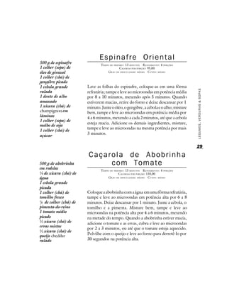 Espinafre Oriental
500 g de espinafre               TEMPO DE PREPARO : 13 MINUTOS R ENDIMENTO: 4 PORÇÕES
1 colher (sopa) de                             CALORIAS POR PORÇÃO: 95,00
óleo de girassol                      G RAU DE DIFICULDADE: MÉDIO CUSTO: MÉDIO
1 colher (chá) de
gengibre picado
1 cebola grande          Lave as folhas do espinafre, coloque-as em uma fôrma




                                                                                        LEGUMES, VERDURAS & SOPAS
ralada                   refratária; tampe e leve ao microondas em potência média
1 dente de alho          por 8 a 10 minutos, mexendo após 5 minutos. Quando
amassado                 estiverem macias, retire do forno e deixe descansar por 1
1 xícara (chá) de        minuto. Junte o óleo, o gengibre, a cebola e o alho; misture
champignon em            bem, tampe e leve ao microondas em potência média por
lâminas                  4 a 6 minutos, mexendo a cada 2 minutos, até que a cebola
1 colher (sopa) de
                         esteja macia. Adicione os demais ingredientes, misture,
molho de soja
                         tampe e leve ao microondas na mesma potência por mais
1 colher (chá) de
                         3 minutos.
açúcar

                                                                                        29

                         Caçarola de Abobrinha
500 g de abobrinha            com Tomate
em rodelas                       TEMPO DE PREPARO : 15 MINUTOS R ENDIMENTO: 4 PORÇÕES
¼ de xícara (chá) de                          CALORIAS POR PORÇÃO: 150,00
água                                  G RAU DE DIFICULDADE: MÉDIO CUSTO: MÉDIO
1 cebola grande
picada
1 colher (chá) de        Coloque a abobrinha com a água em uma fôrma refratária,
tomilho fresco           tampe e leve ao microondas em potência alta por 6 a 8
1
 /8 de colher (chá) de   minutos. Deixe descansar por 1 minuto. Junte a cebola, o
pimenta-do-reino         tomilho e a pimenta. Misture bem, tampe e leve ao
1 tomate médio           microondas na potência alta por 4 a 6 minutos, mexendo
picado                   na metade do tempo. Quando a abobrinha estiver macia,
½ xícara (chá) de        adicione o tomate e as ervas, cubra e leve ao microondas
ervas mistas
                         por 2 a 3 minutos, ou até que o tomate esteja aquecido.
½ xícara (chá) de
                         Polvilhe com o queijo e leve ao forno para derretê-lo por
queijo cheddar
ralado                   30 segundos na potência alta.
 