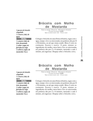 Brócolis com Molho
                               de Mostarda
1 pacote de brócolis          TEMPO DE PREPARO : 15 MINUTOS R ENDIMENTO: 4 PORÇÕES
                                            CALORIAS POR PORÇÃO: 66,00
congelado                           G RAU DE DIFICULDADE: FÁCIL CUSTO: BAIXO
½ xícara (chá) de
água




                                                                                     LEGUMES, VERDURAS & SOPAS
        Molho          Coloque o brócolis em uma fôrma refratária, regue com a
½ xícara (chá) de      água, tampe e leve ao microondas em potência alta por 8
leite desnatado        a 10 minutos, ou até que esteja cozido. Mexa 2 vezes no
1 colher (sopa) de     cozimento. Escorra e reserve. À parte, misture os
farinha de trigo       ingredientes do molho; mexa bem e leve ao microondas
2 colheres (sopa) de   em potência alta por 2 a 4 minutos, mexendo a cada 1
mostarda Dijon         minuto, até engrossar. Despeje sobre o brócolis e sirva.




                                                                                     31


                           Brócolis com Molho
                               de Mostarda
1 pacote de brócolis          TEMPO DE PREPARO : 15 MINUTOS R ENDIMENTO: 4 PORÇÕES
                                            CALORIAS POR PORÇÃO: 66,00
congelado                           G RAU DE DIFICULDADE: FÁCIL CUSTO: BAIXO
½ xícara (chá) de
água
        Molho          Coloque o brócolis em uma fôrma refratária, regue com a
½ xícara (chá) de      água, tampe e leve ao microondas em potência alta por 8
leite desnatado        a 10 minutos, ou até que esteja cozido. Mexa 2 vezes no
1 colher (sopa) de     cozimento. Escorra e reserve. À parte, misture os
farinha de trigo       ingredientes do molho; mexa bem e leve ao microondas
2 colheres (sopa) de   em potência alta por 2 a 4 minutos, mexendo a cada 1
mostarda Dijon         minuto, até engrossar. Despeje sobre o brócolis e sirva.
 
