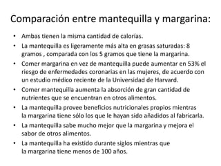 Comparación entre mantequilla y margarina:
• Ambas tienen la misma cantidad de calorías.
• La mantequilla es ligeramente m...