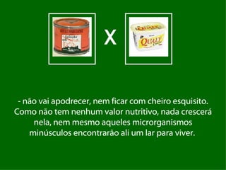 X - não vai apodrecer, nem ficar com cheiro esquisito. Como não tem nenhum valor nutritivo, nada crescerá nela, nem mesmo aqueles microrganismos minúsculos encontrarão ali um lar para viver.  