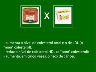 X

- aumenta o nível de colesterol total e o de LDL (o
"mau" colesterol);
- reduz o nível de colesterol HDL (o "bom" colesterol);
- aumenta, em cinco vezes, o risco de câncer;
 