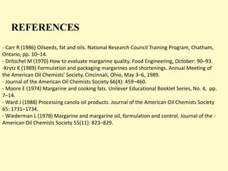 - Carr R (1986) Oilseeds, fat and oils. National Research Council Training Program, Chatham,
Ontario, pp. 10–14.
- Dritschel M (1970) How to evaluate margarine quality. Food Engineering, October: 90–93.
-Krytz K (1989) Formulation and packaging margarines and shortenings. Annual Meeting of
the American Oil Chemists’ Society, Cincinnali, Ohio, May 3–6, 1989.
- Journal of the American Oil Chemists Society 66(4): 459–460.
- Moore E (1974) Margarine and cooking fats. Unilever Educational Booklet Series, No. 4, pp.
7–14.
- Ward J (1988) Processing canola oil products. Journal of the American Oil Chemists Society
65: 1731–1734.
- Wiederman L (1978) Margarine and margarine oil, formulation and control. Journal of the -
American Oil Chemists Society 55(11): 823–829.
REFERENCES
 
